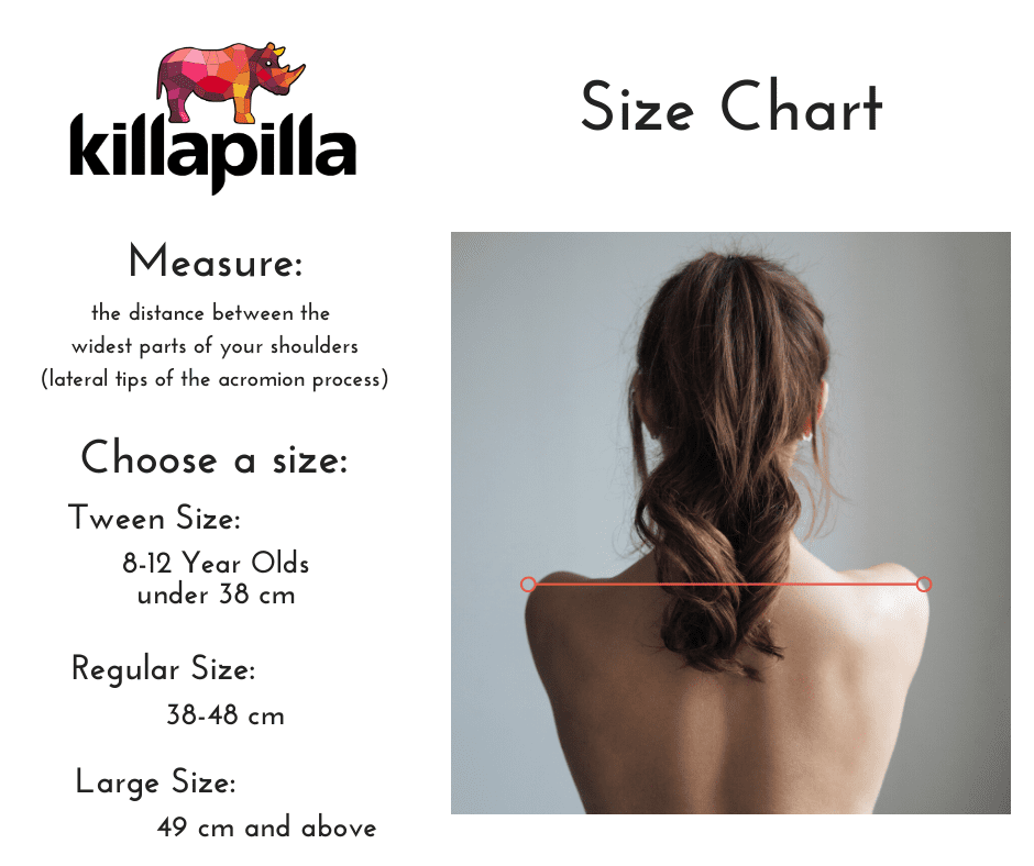 Killapilla Sizing chart for Tweens and Adults